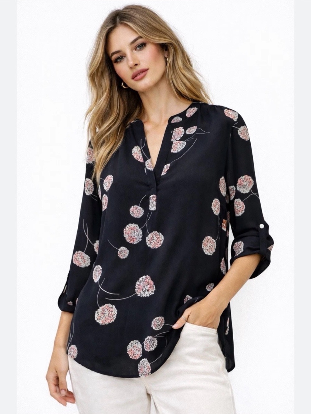 GUC Daniel Rainn 3/4 sleeve roll tab blouse black and pink size medium